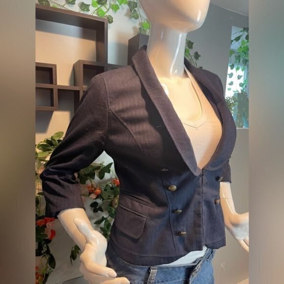 Ann Taylor LOFT Navy Cropped Blazer Jacket Double Breasted Brass Button 8 RefY20 - Picture 3 of 9